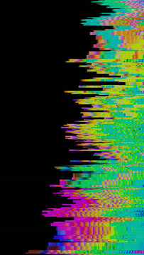 Yellow green pixel sorting glitch overlay with magenta scanline distortion, RGB split on black background. Jagged digital texture for cinematic music video and vintage cosmetic branding aesthetic
