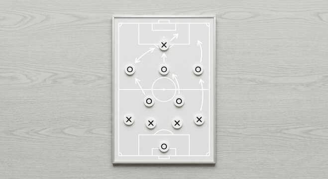 Soccer tactic board with football field formation strategy and player position markers on wall