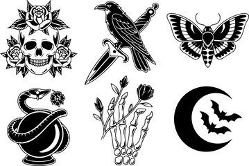 Obraz premium Mystical Tattoo Symbols Collection – Celestial Eyes, Moon, Sword, Moth & Sacred Sigils