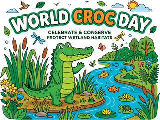 Obraz premium World Croc Day flat vector illustration featuring a crocodile resting near a riverbank