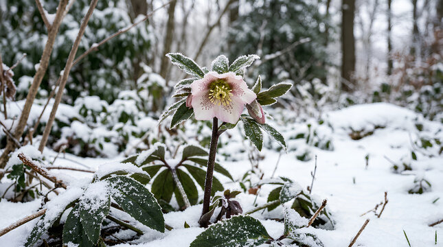 A delicate hellebore flower blooming amidst a snowy winter landscape.