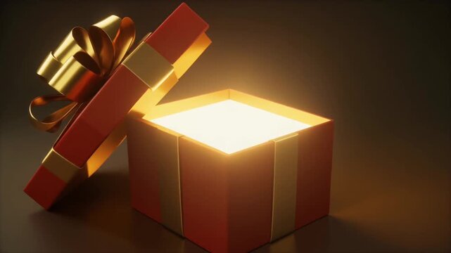 Gift Box Opening Animation: Glowing Present Revealed, Celebratory Surprise Reveal
A red gift box with a gold ribbon opens, revealing a bright, glowing light from within. Animation of a surprise.