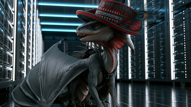 Gray Dragon with Large Wings and Decorative Hat in Futuristic Server Room