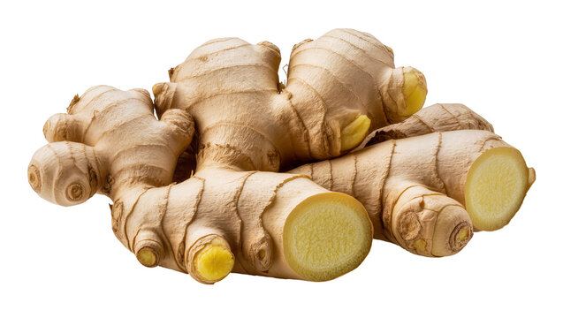 Raw ginger rhizomes with cut slices showing yellow flesh