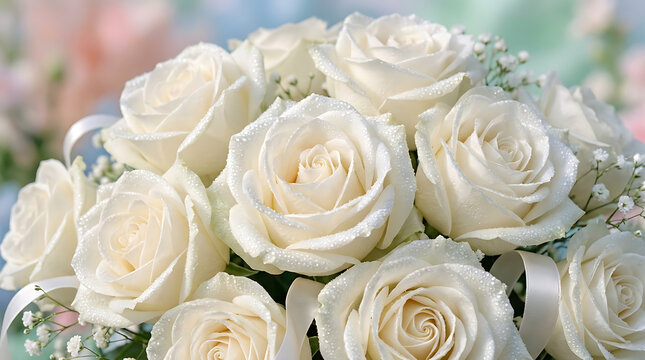 A beautiful bouquet of white roses with dew drops on petals