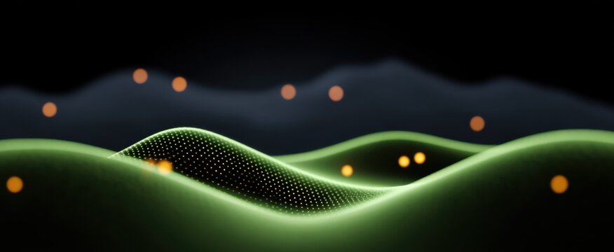 Green striped particle wave terrain dances like silk under a dark navy sky in 916 cinematic style