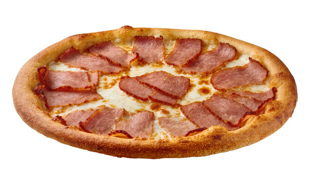 Round pizza with melted cheese and thin slices of ham