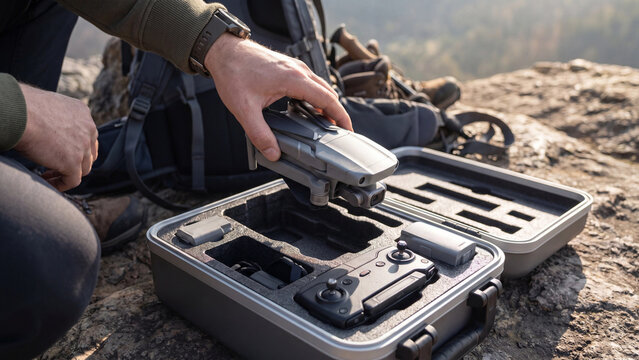 Drone camera aerial photography equipment setup in protective travel case outdoors for adventure videography and professional content creation in mountain nature