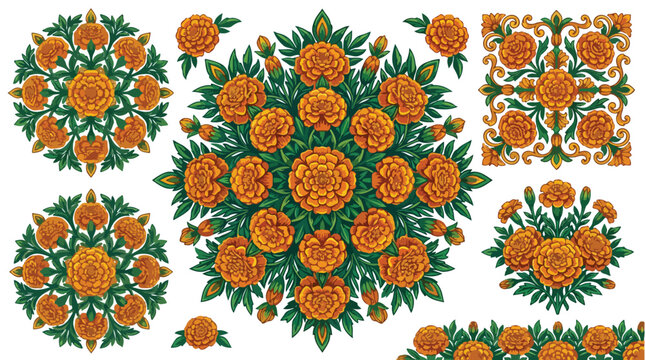 Beautiful set of marigold floral vector illustrations featuring circular mandalas square patterns and decorative borders with orange flowers and green leaves