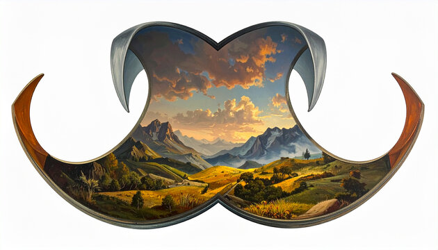 Majestic mountain landscape framed in a ornate mustache shape