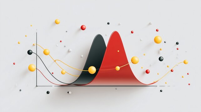 Red and black probability curve with axis and scattered particle representing bayesian analysis concept and posterior update visualization.