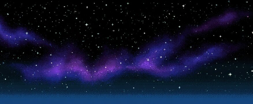 Continuous pixelated video game nebula backdrop. Wide star-filled midnight cosmic scene in classic pixel art design with dithering texture for 8-bit retro gaming. Illustration.