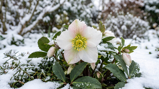 A delicate white hellebore flower blooms in winter snow closeup view.