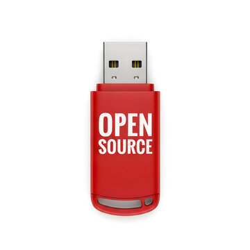 Red usb drive labeled open source for software and programming use