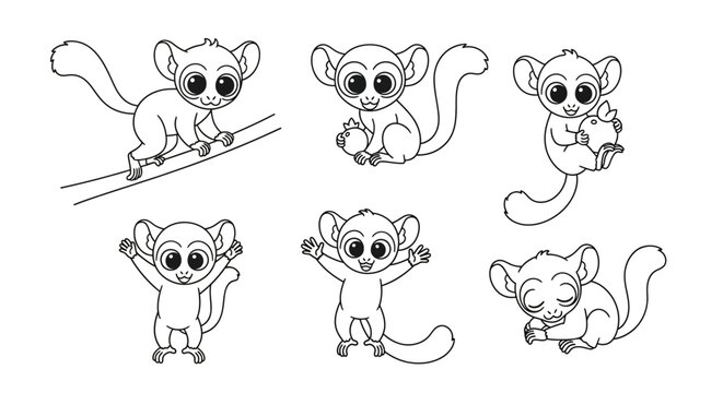 Cute cartoon tarsier set in various poses, funny exotic animal vector
