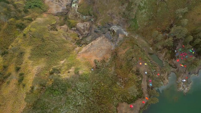 Campsite Near Lake Segara Anak Rinjani Volcano Lombok Indonesia Drone Birdseye Shot 4K 60FPS
