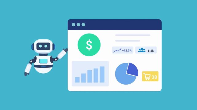 Animated robot assistant presenting a financial analytics dashboard with revenue metrics, charts, and business insights. Looping motion graphic for finance, reporting, and technology concepts.
