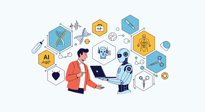 Man and futuristic robot collaborate using laptop computer surrounded by medical and artificial intelligence icons for digital healthcare research.