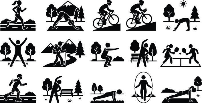 Black vector icon style, an athlete doing a pull-up or workout on outdoor fitness bars in a public park