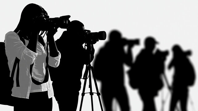 Faceless black silhouettes of professional photographers with cameras and backpacks group of paparazzi taking photos vector illustration set for journalism and media content,