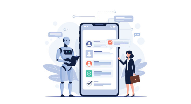 Human resource manager and advanced robot collaborate over candidate list on giant smartphone screen for innovative automated recruitment.