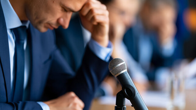 Faceless stressed male official wiping sweat during intense crisis press conference accountability and media scrutiny theme website banner hero header wide background, press