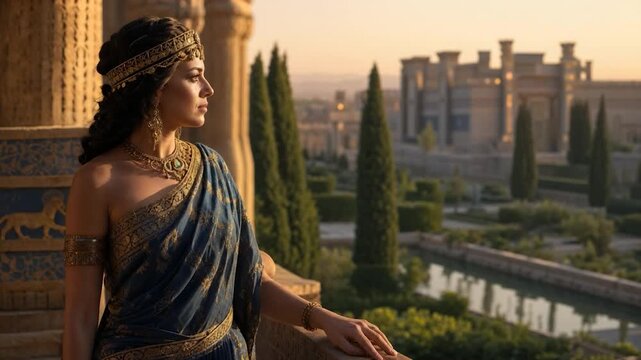 Queen esther standing on a balcony overlooking the ancient persian palace at sunset