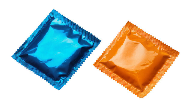 Two foil wrapped condoms, blue and orange