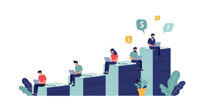 Group of freelance professionals works on laptops while sitting atop rising stacks of dollar bills representing diverse remote income streams.