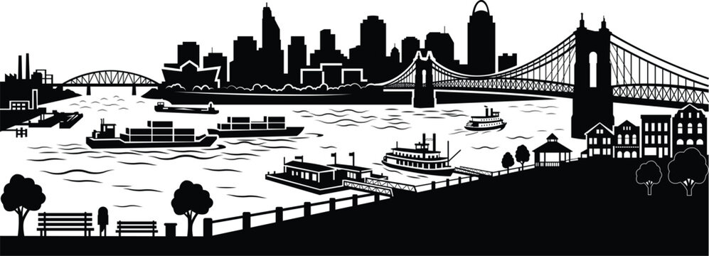 Black vector icon style, Cincinnati Ohio city skyline silhouette featuring the Great American Tower and Roebling Suspension Bridge over the Ohio River