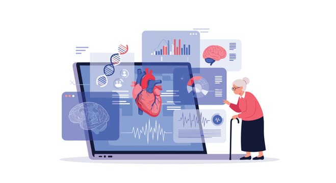 Elderly woman uses giant laptop computer to review detailed medical data and heart health statistics for digital geriatric telemedicine.