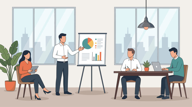 Business speaker presenting financial charts data analysis report presentation to coworkers team inside modern corporate office boardroom illustration