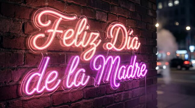 Feliz Dia De La Madre Neon Pink Sign Glowing on a Dark Brick Wall