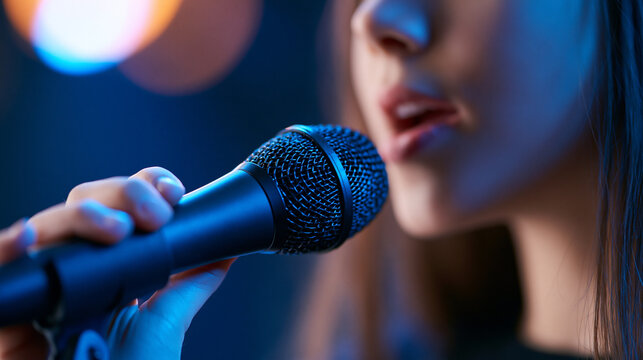 Faceless young girl singing, vocal performance, microphone use, entertainment activity, musical expression, performance moment, with copy space