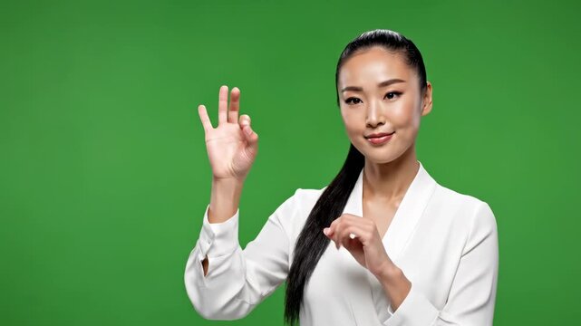 Corporate woman in white shirt smiling and giving thumbs up against green background
