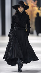 Naklejka premium Fashionable Runway Model Striding Confidently in Long Dress