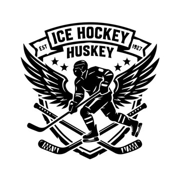 Vintage Ice Hockey Huskey Team Mascot Badge with Winged Player and Crossed Sticks
