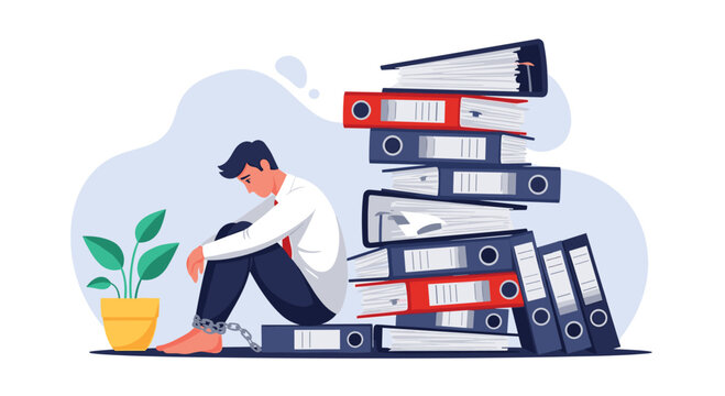 Overwhelmed office worker sits in despair next to a huge stack of folders with his feet chained to his heavy workload.