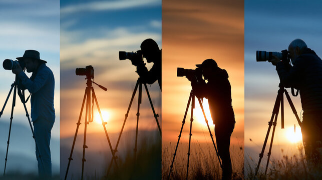 Collection of faceless professional photographers in various action poses using cameras and tripods to capture images in landscape setting, landscape photography, professional