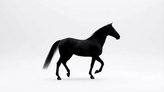Black horse trotting gracefully against a plain background. Symbolizes strength, elegance, and freedom in motion