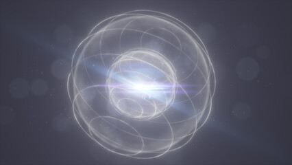 Transparent glass-like sphere with soft white orbit trails, particles, and lens flare, minimal futuristic abstract background © Bolbik