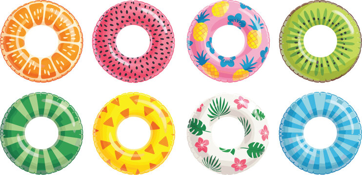 Inflatable swim ring vector collection isolated, tropical pool floats and summer vacation illustration design set