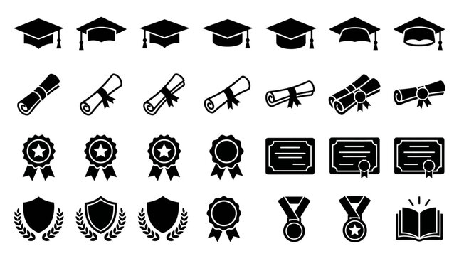 Black‑and‑white academic icon set featuring graduation caps, diplomas, certificates, medals, shields, ribbons, and books symbolizing education and success.