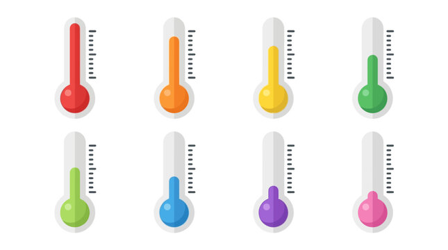 Eight colorful thermometer icons showing varying temperature levels, representing heat, cold, climate, progress, energy, and environmental measurement concepts.