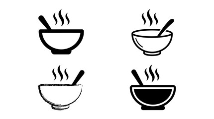 Fototapeta premium Four steaming soup bowl icons with spoons, minimalist black‑and‑white design, symbolizing warmth, food, comfort, and culinary simplicity.