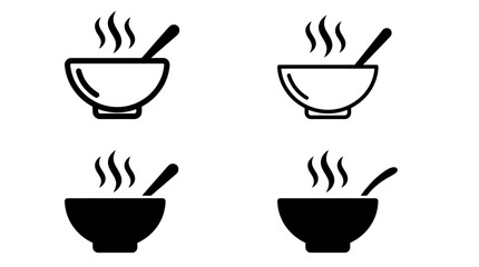 Fototapeta premium Four steaming soup bowl icons with spoons, minimalist black‑and‑white design, symbolizing warmth, food, comfort, and culinary simplicity.