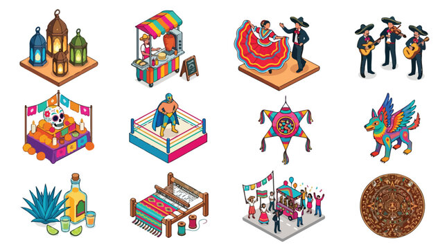 Isometric Mexican culture icon set with traditional folk elements including mariachi band dancers lucha libre wrestler pinata day of the dead and aztec calendar