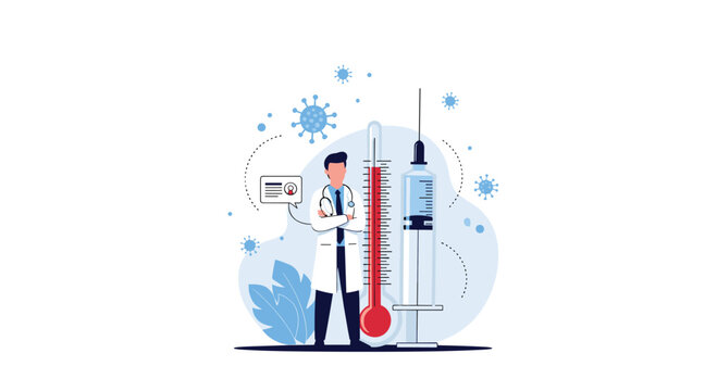 Male doctor in a white coat stands next to a large medical thermometer and a syringe for vaccination awareness.
