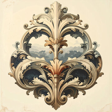 Ornate baroque architectural flourish with landscape scenery