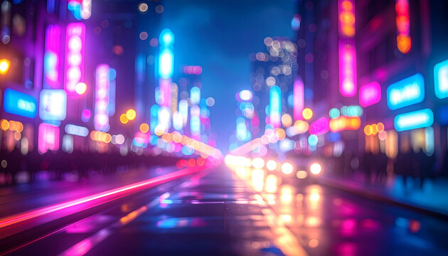 Neon city street at night with light trails and bokeh